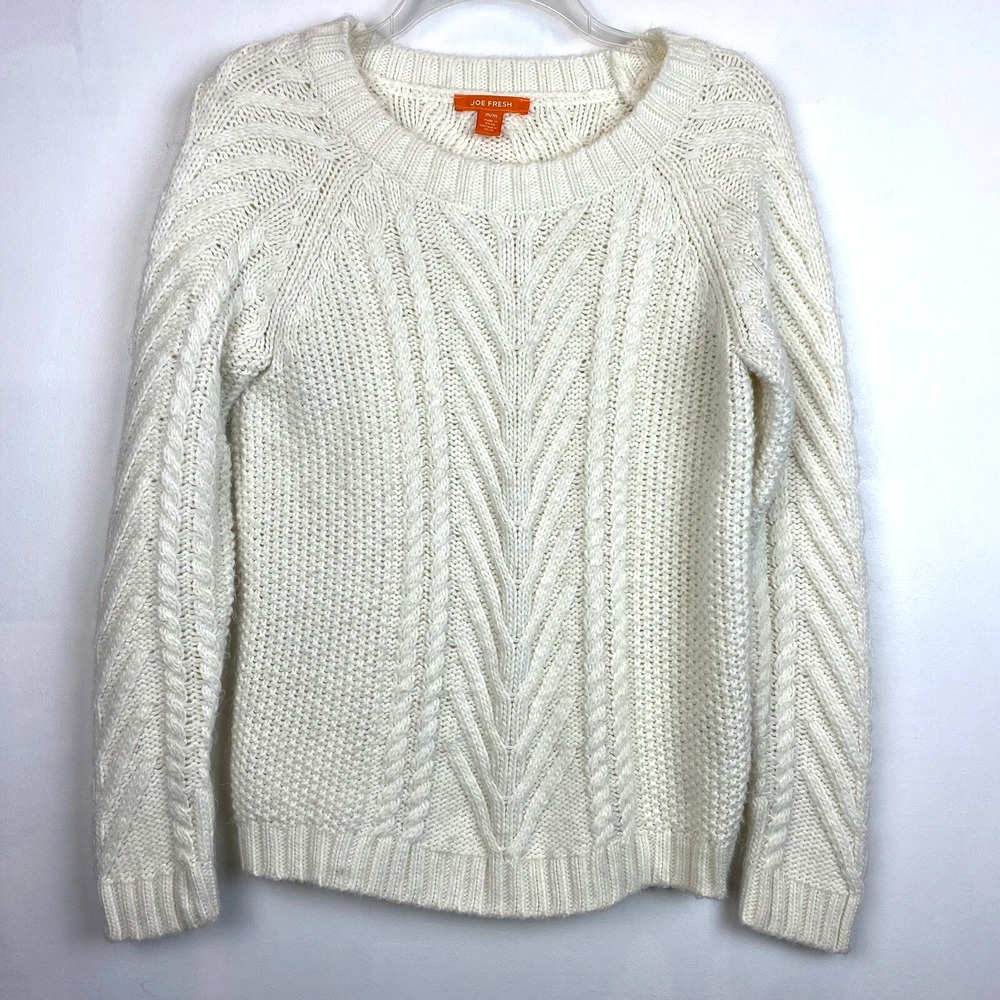 Joe Fresh Sweater Womans M Ivory Cable Knit Crew Neck Pullover Capsule
